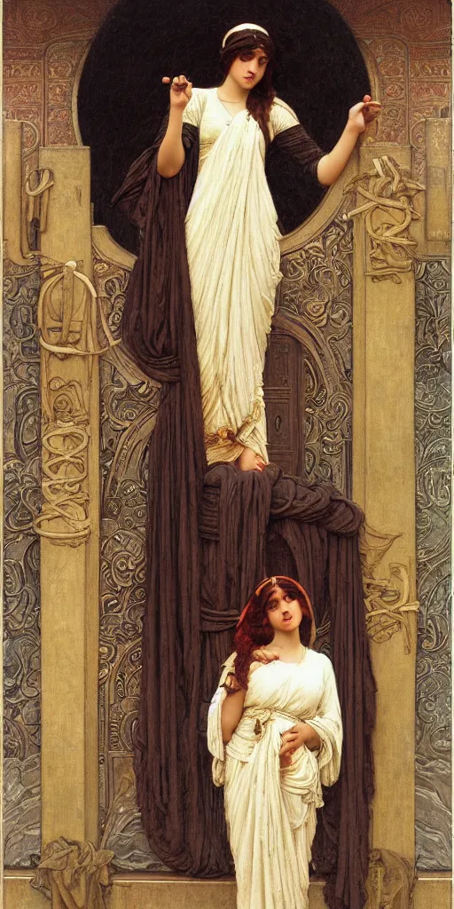 Image similar to at the gate of the temple by john william godward painted by alphonse mucha