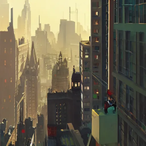 Prompt: damian wayne, Richard grayson, Jason Todd, tim Drake, city landscape, Gotham, artstation, highly detailed, by makoto shinkai and thomas kindle and James gilleard