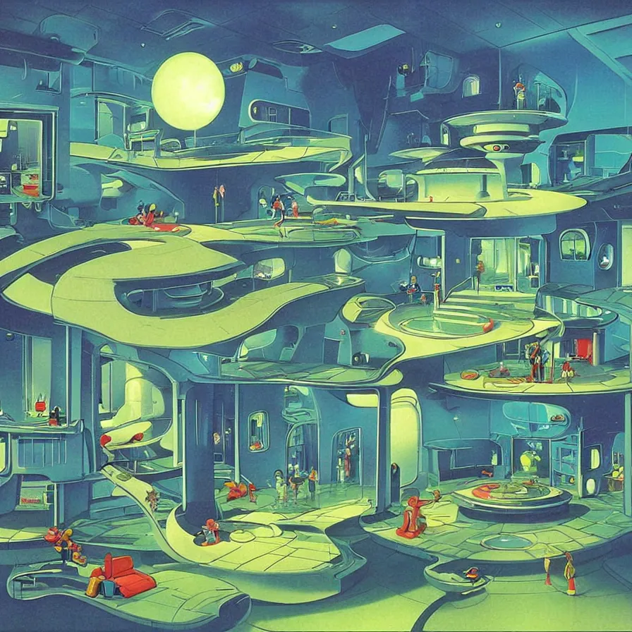 Image similar to concept art of jetsons cartoon indoor scenario of a futuristic house, painted by tim white