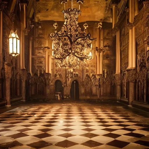 Image similar to large gothic hall with large chandeliers under the ceiling, horror movie, moonlight, elephant in the room