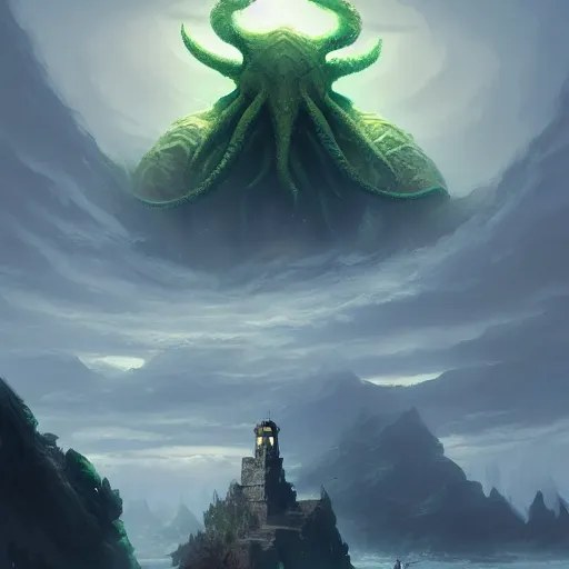 Image similar to gigantic cthulhu, small village for size comparison, dramatic light, painted by stanley lau, painted by greg rutkowski, painted by stanley artgerm, digital art, trending on artstation