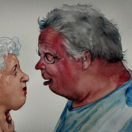 Image similar to a very funny comic style watercolor painting of a sweet fat old woman kissing her reflection. symmetrical face, red mouth, blue eyes. a flowered dress. a hyper - realistic scene. 3 d, octane processing, deep focus, white scene. a very funny and sweet picture. unreal engine. watercolor. fellini cinematic style. poster quality. freud painting style.