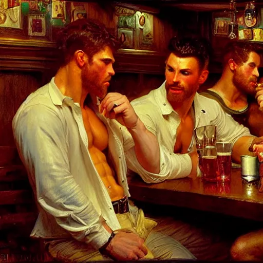 Image similar to attractive muscular mike with ginger hair with muscular attractive tyler with brunet hair, drinking their hearts out, in a pub. very defined and highly detailed painting by gaston bussiere, j. c. leyendecker, craig mullins 8 k