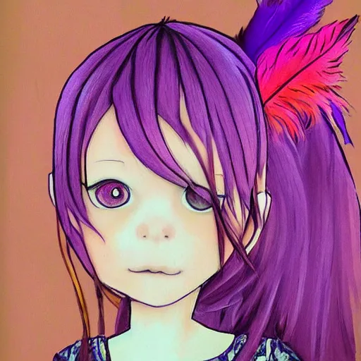 Prompt: little girl with eccentric pink hair wearing a dress mada of purple feather, art by dcwj