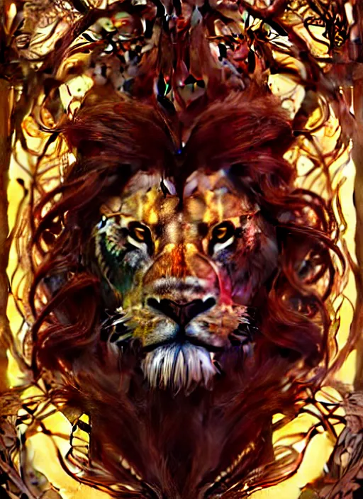 Prompt: portrait of demigod hercules, long wavy auburn hair, lion head, glowing eyes, volumetric lights, forest, art nouveau botanicals, gothic, intricate, highly detailed, digital painting, artstation, concept art, smooth, sharp focus, symmetric face, illustration, steampunk, art by artgerm and greg rutkowski and alphonse mucha