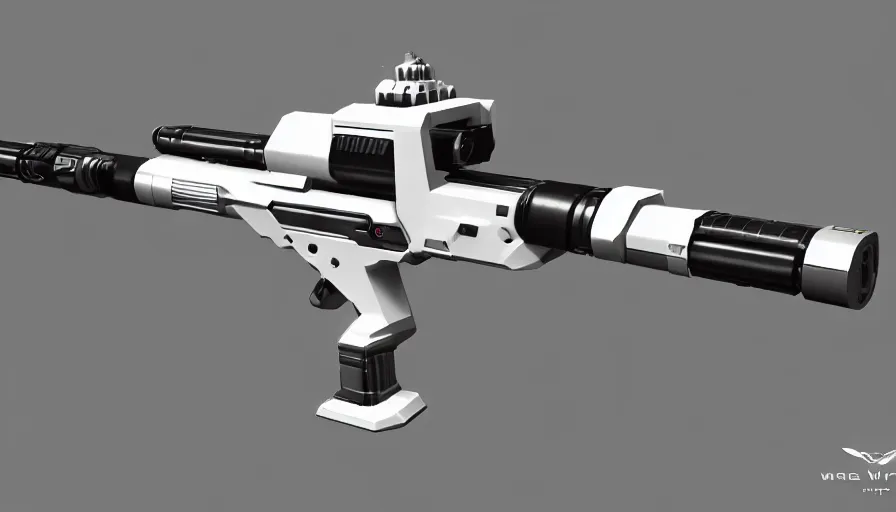 Image similar to extremely detailed realistic side view of a sci fi laser gatling gun, detailed trigger, chemically propelled, pattery powered, smooth streamline, battery and wires, railgun, tribarrel, gauss, elegant sleek smooth body, white paint, smooth utopian design, ultra high quality, minimalist, octane, cod, destiny, warframe, terminator