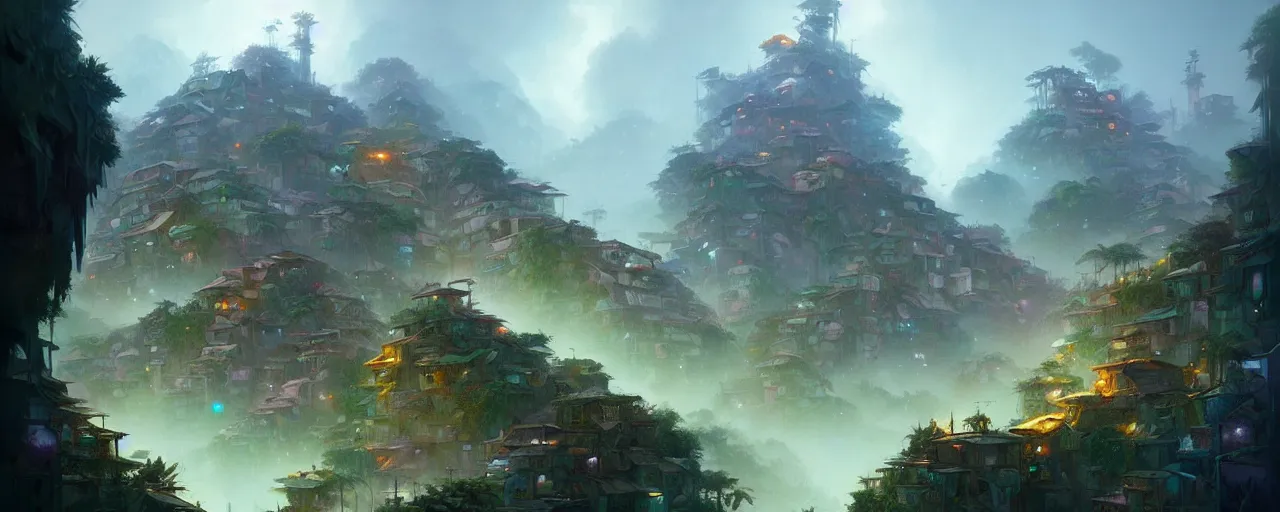 Prompt: cloud forest favelas by peter mohrbacher and craig mullins and james jean and marc simonetti