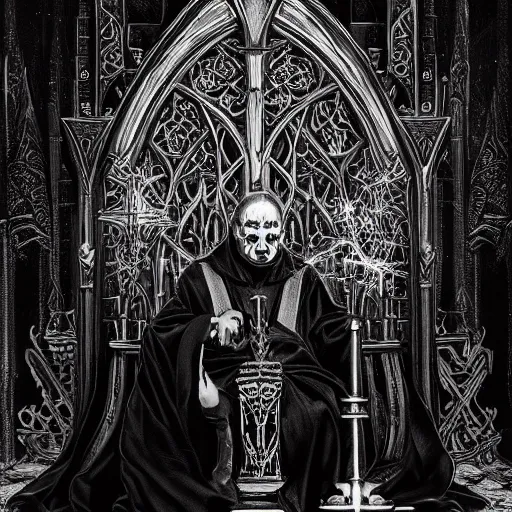 Image similar to an ultra detailed black and white tarot card of the evil patriarch with pitch black eyes wearing his royal robes and sitting imperiously on his throne high in the cathedral, concept art, incense smoke drifting through the air, portrait, artstation, volumetric lighting, exquisite detail, octane render, 8 k postprocessing, art by john collier and albert aublet