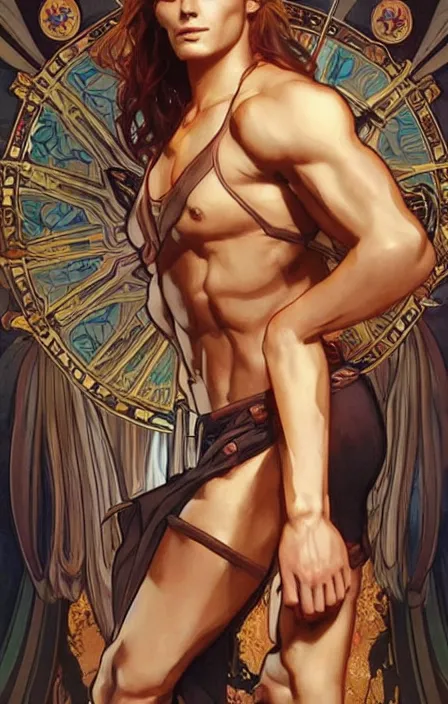 Image similar to pretty muscular sam and dean winchester as a character in romance book art design, character concept, sharp focus!, ultra detailed, art by artgerm alphonse mucha, wlop