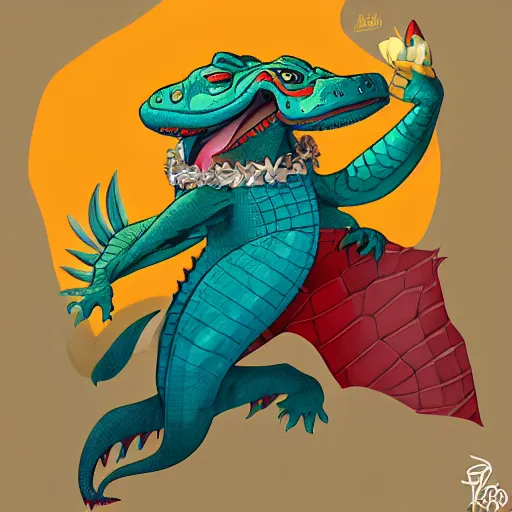 Image similar to in the style of artgerm, loish and ross tran, anthropomorphic alligator, red scales on his back, yellow scale on his belly and chest, male, waring a hawaiian shirt, in the style of zootopia