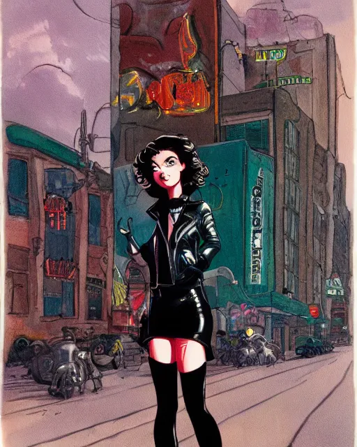 Image similar to young female protagonist in leather jacket, city street, artwork by ralph bakshi