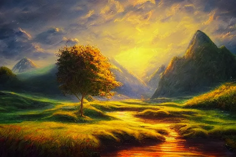 Prompt: landscape, fantasy, painting, ultra realistic!!!, clear weather, golden hour, sharp focus