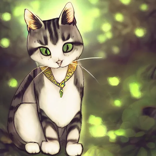 Image similar to portrait of a cat in a forest, by kawacy, sunlight, trending on pixiv, bokeh, furry art, anime, dramatic lighting, digital art