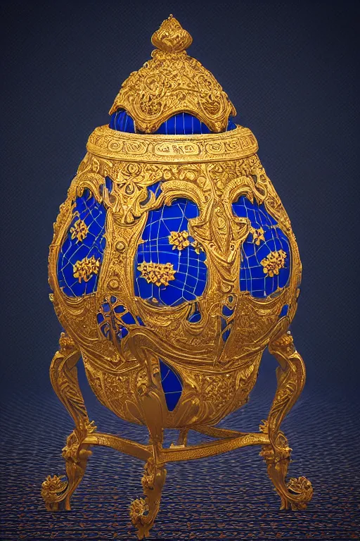 Prompt: A symmetrical shot of a royal blue satin 3D faberge egg covered in highly detailed dark gold ornate floral inlays, rendered in octane, 8k post-processing , volumetric lighting, light background, shot in 35mm, film grain, soft edges