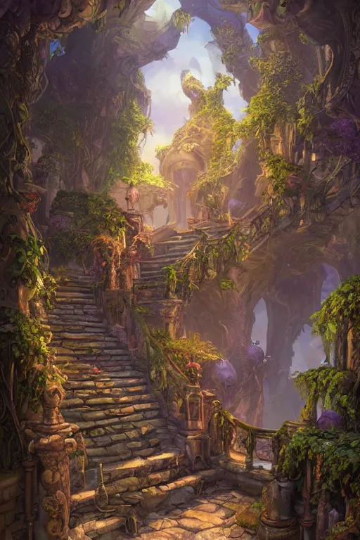 Image similar to matte glossy illustration painting of stone steps fantasy leading steampunk doorway steampipes and valvesl, artstation by emilia dziubak, will terry, greg olsen, chris mars, ann long, and mark brooks, gret ritkowski dramatic, architecture, colorful warcraft architecture