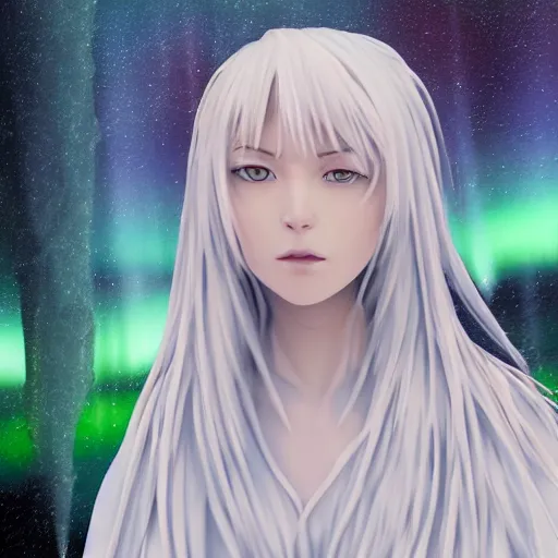 Prompt: a closeup of rimuru tempest as a realistic woman, soft facial expression, ultra realistic, fully clothed, intricate details, highly detailed, 8 k, photorealistic, beneath an aurora, a canopy overhead