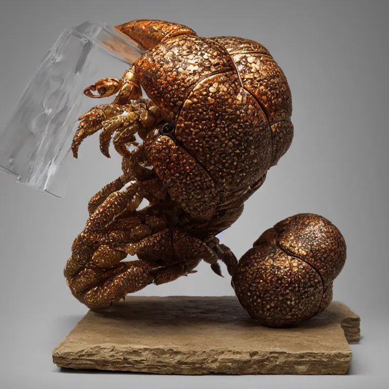 Image similar to hyperrealistic sculpture of a bronze fossilized hermit crab in a cage made of low poly acrylic on a pedestal by ron mueck and duane hanson and lee bontecou, hyperrealistic dramatic colored lighting trending on artstation 8 k