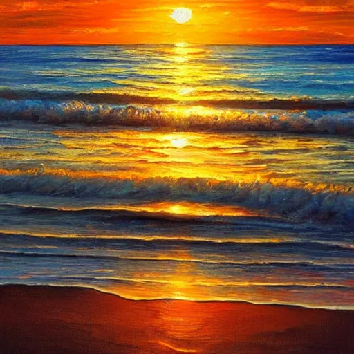 Image similar to The sunset light shines on the sea, sparkling, warm tones, oil painting