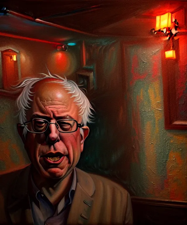 Image similar to hyperrealistic mixed media painting of Bernie Sanders as a crazy drunk, dimly lit dive bar, stunning 3d render inspired art by P. Craig Russell and Barry Windsor-Smith + perfect facial symmetry + dim volumetric lighting, 8k octane beautifully detailed render, post-processing, extremely hyperdetailed, intricate, epic composition, grim yet sparkling atmosphere, cinematic lighting + masterpiece, trending on artstation, very very detailed, masterpiece, stunning