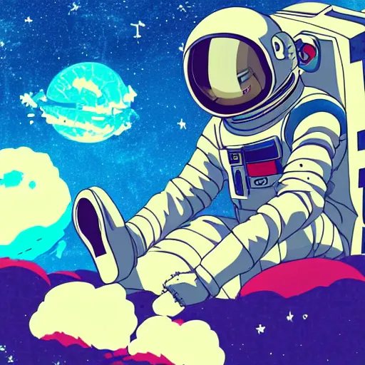 Image similar to an anime astronaut relaxing in space, manga character, anime, vector art, glitchcore, studio ghibli,