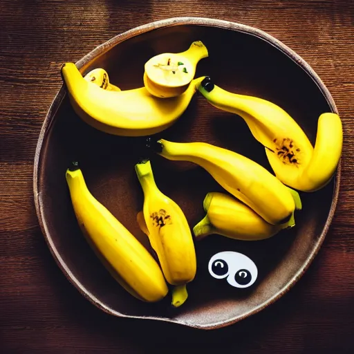 Image similar to professional photograph of banana ducks, peeled bananas with googly eyes and duck beaks