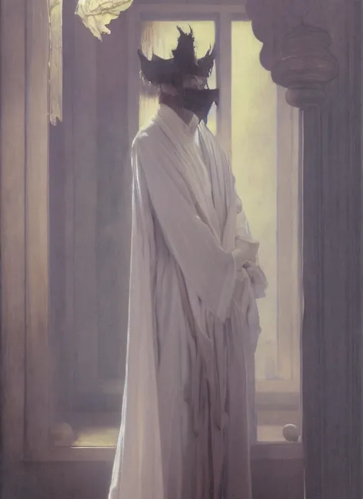 Image similar to an oil painting of a tall person in flowing white robes wearing a white venetian carnival mask standing in a gloomy dark room with hazy sunlight streaming through the window, in the style of john singer sargent, greg rutkowski, maxfield parrish and alphonse mucha