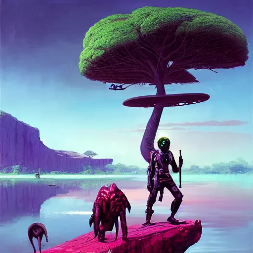 Prompt: a zulu cyberpunk hunter near a pink crocodile infested lake witha a baobab tree by greg rutkowski and android jones in a surreal portrait style, oil on canvas, 8k resolution.