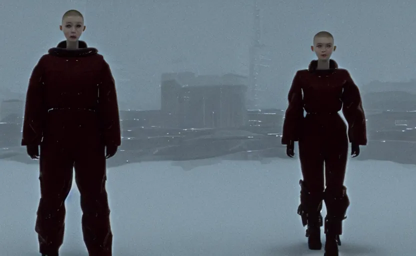 Image similar to sadie sink with buzz cut hair in oversized man's coat : a still from a scifi soviet cyberpunk film from 1 9 8 0 s. by steven spielberg and james cameron. 6 5 mm low grain film stock. sharp focus, realistic facial expression, perfect anatomy, global illumination, radiant light, detailed and intricate environment, trending on artstation