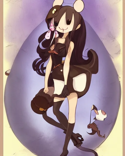 Image similar to A cute wakfu-style frontal painting of a very very beautiful anime skinny mousegirl with long wavy brown colored hair and small mouse ears on top of her head wearing a cute black dress and black shoes looking at the viewer, elegant, delicate, feminine, soft lines, higly detailed, smooth , pixiv art, ArtStation, artgem, art by alphonse mucha Gil Elvgren and Greg rutkowski, high quality, digital illustration, concept art, very long shot