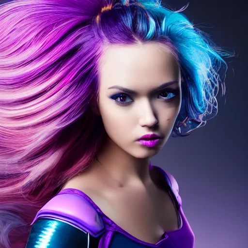 Image similar to a stunning high shutter speed action upper body portrait of a beautiful woman with a ombre purple pink hairstyle with head in motion and hair flying while wearing futuristic navy blue and teal battle bodyarmor and pauldrons by marvel comics, outrun, vaporware, action photography, highly detailed, fine detail, intricate, digital art, trending on artstation