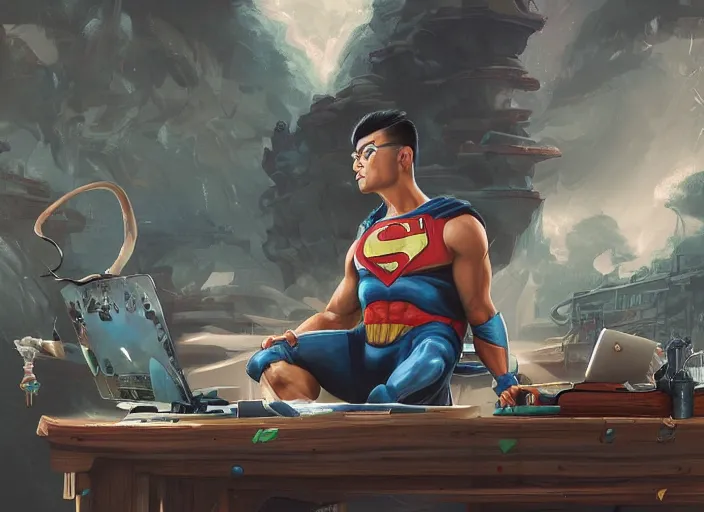 Image similar to an insanely detailed painting of an asian man wearing a homemade superhero costume, sitting at a desk, staring seriously at the computer and typing, in the style of peter mohrbacher, james jean, artgerm, dramatic lighting and composition, surreal background, octane render, pixar, trending on artstation, concept art, comic book, view from behind, 8 k