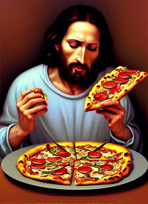 Image similar to hyper detailed 3d render like an Oil painting - Portrait of Jesus Christ eating pizza by Jacek Yerka, Mariusz Lewandowski, Houdini algorithmic generative render, Abstract brush strokes, Masterpiece, Edward Hopper and James Gilleard, Zdzislaw Beksinski, Mark Ryden, Wolfgang Lettl, hints of Yayoi Kasuma, octane render, 8k