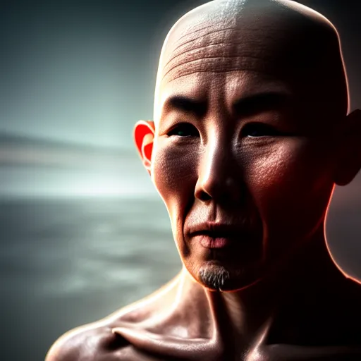 Image similar to Half cyborg half monk discovering enlightenment, dark atmosphere, 8k, cinematic lighting, symmetry, elegant, ornate, hyper realistic, zen