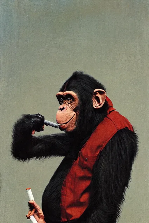 Prompt: a chimp in a clown suit, smoking a cigarette, painted by Norman Rockwell