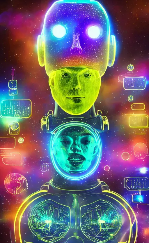 Prompt: a portrait hi-tech sci-fi robot with vividly colorful diodes and a human-shaped face smoking weed in deep space, photography, color, very detailed