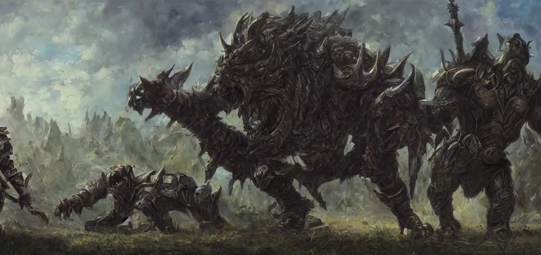 Image similar to oil painting of giant conquering orc beast in full tactical armor roars as it steps over it's fallen enemy's bodies