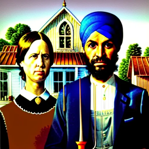 Image similar to Justin Trudeau and Jagmeet Singh in the american gothic painting, concept art, sharp focus, highly detailed digital painting by Grant Wood, artstation