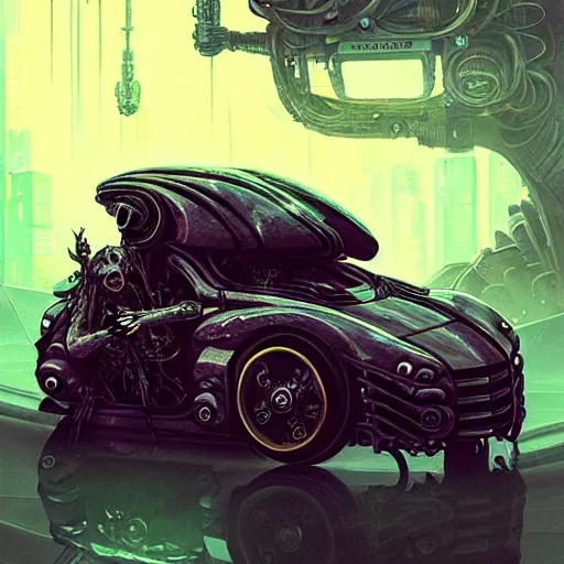 Image similar to shiny cyberpunk vehicle reminiscent of fast car with robotic enhancements parked in ancient mystic woods, gothic and baroque, brutalist architecture, ultradetailed, creepy ambiance, fog, artgerm, giger, Intricate by Ellen Jewett and Josan Gonzalez and Giuseppe Arcimboldo