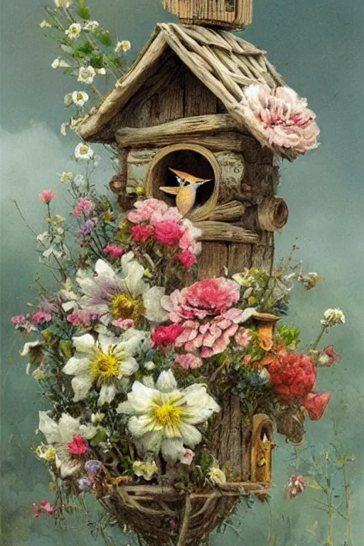 Prompt: whimsical birdhouse and flowers by jean - baptiste monge