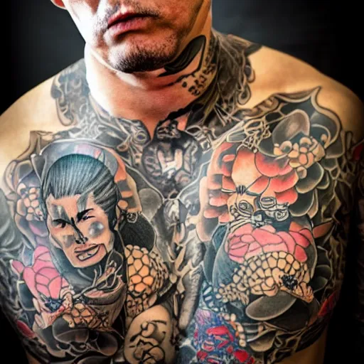 Image similar to A portrait of a tough looking member of the Yakuza, with many tatoos with the motive of My Little Pony, professional portrait photography