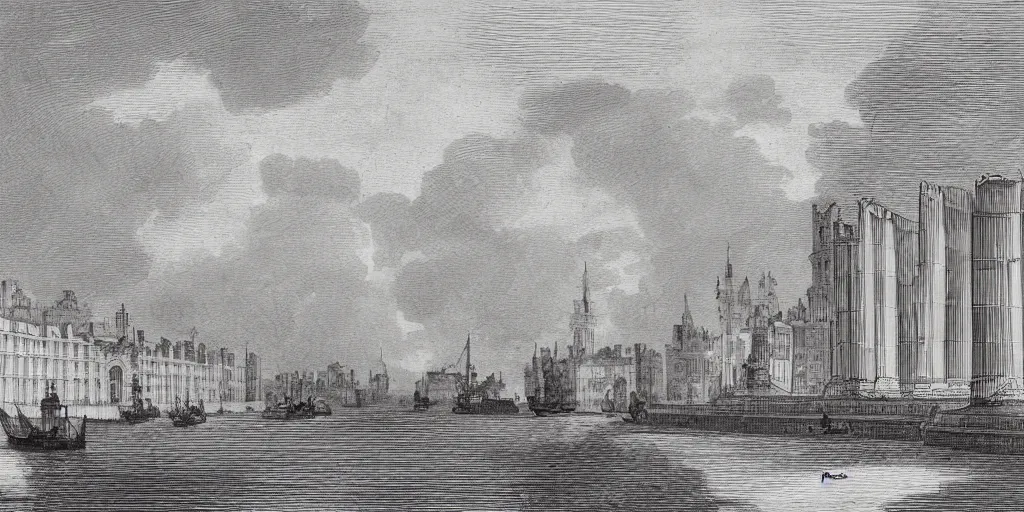 Prompt: illustration, 18th Century London, city buildings on top of tall bridge structure, over the ocean, tall arches, fading off to the horizon