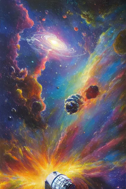 Image similar to Interior of NASA's crowded deep space lab with an exploding nebula in the background, very detailed, focused, oil painting, colorful, canvas, artstation, Antoine Pierre Mongin