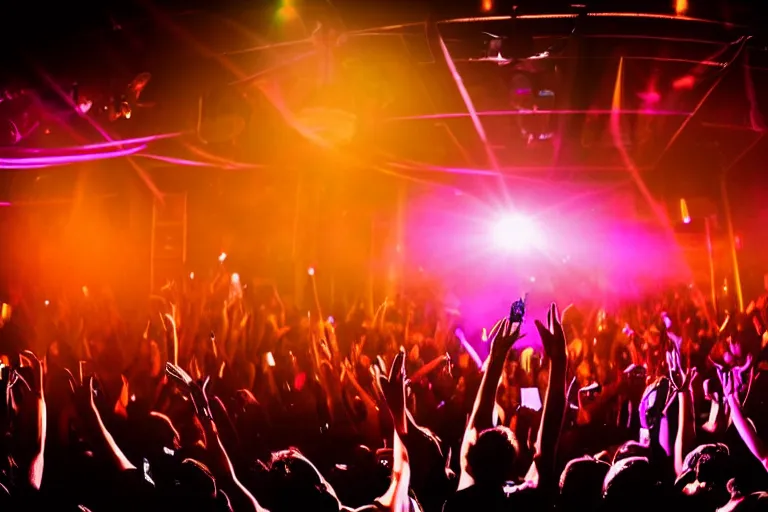 Image similar to a award winning photograph of a dj on stage spinning records with headphones looking over crowd dancing at a club, haze, moving heads light beams, spot lights, disco ball, silhouette