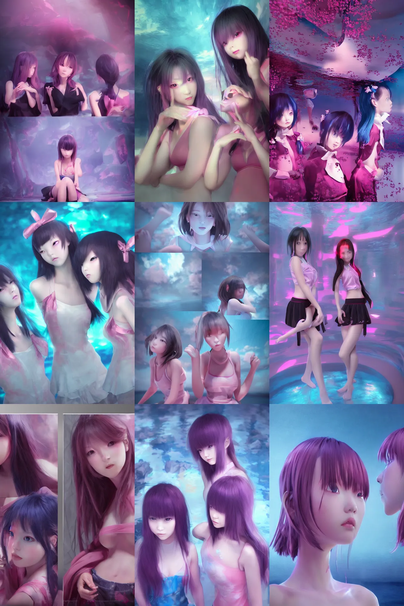 Image similar to 3d dark infrared octane render concept art by D. Jun, by Mo Xiang Tong Xiu, by Igarashi Daisuke, beauty portrait anime schoolgirls under dark pink and blue water. cute face. complex mirror room. dramatic light, trending on artstation.