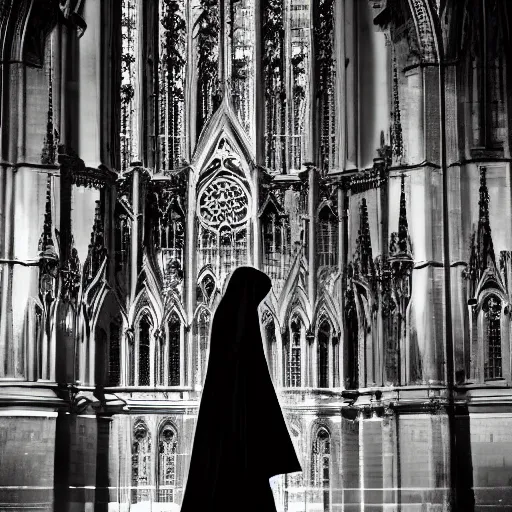 Image similar to black and white movie shot, landcape, architectural shot, no decaying lines, background of an alabaster gothic cathedral, with long ephimeral windows with reflection of flames, as subject a gothic woman with an intricate arabesque detailed black dressed, macro head face