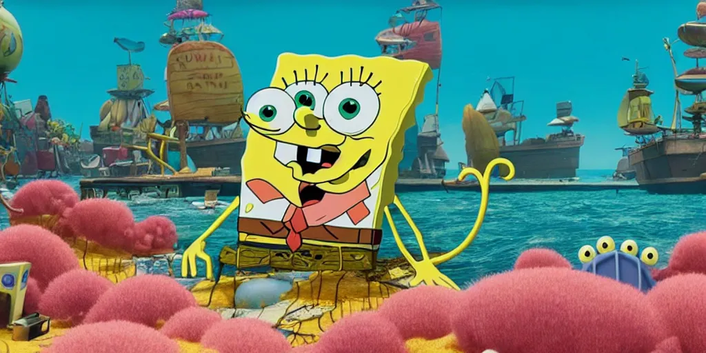 Image similar to a very high resolution image from a new movie of spongebob's home. beautiful scenery, photorealistic, photography, directed by wes anderson