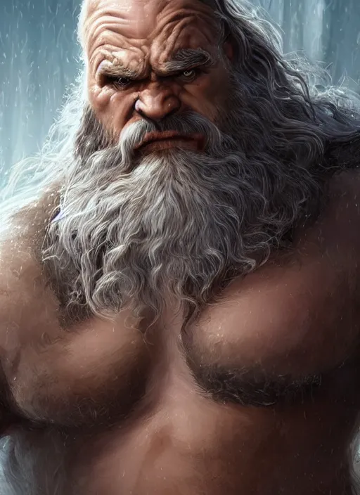 Prompt: portrait of a hulky herculean well groomed ogre with flowing long silver hair, epic beard, style of assassin's creed, intricate, elegant, highly detailed, digital painting, artstation, concept art, smooth, sharp focus, illustration, art by keith thompson, scott m fischer, anne stokes, alexandros pyromallis., 8 k