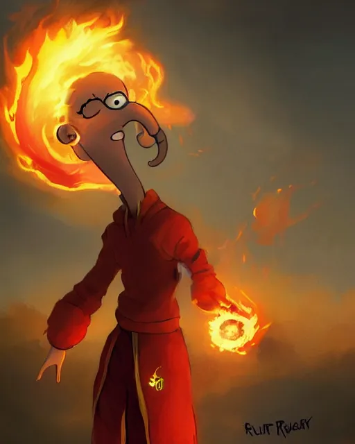 Image similar to [ [ squidward ] ] wearing fire nation clothing and practicing firebending outside at susnset, [ [ [ [ [ [ greg rutkowski ] ] ] ] ] ]