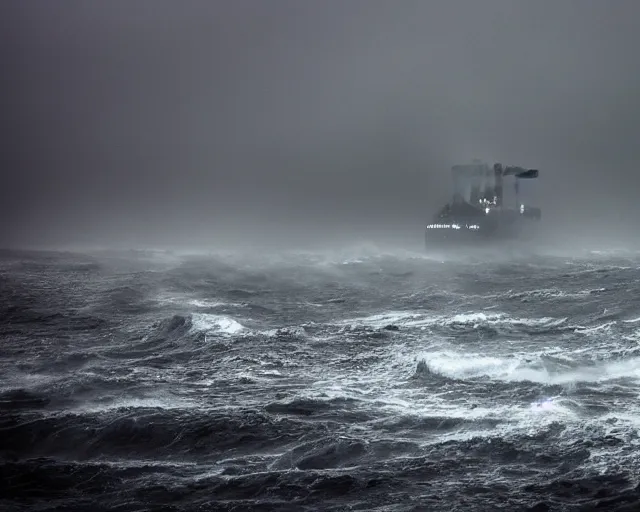 Image similar to photo of a big ship on a stormy ocean, cthulhu's silhouette in the back hidden in the fog, coming closer