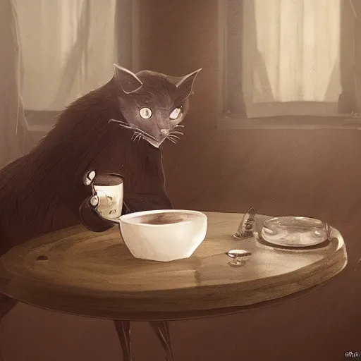 Prompt: cat drinks milk!!! from a plate!!!, in game pathologic 2, digital art, unreal engine, cinematic composition, sharp, details, hyper - detailed, hd